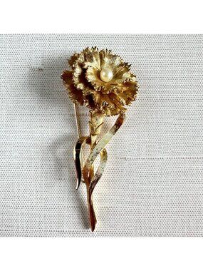 Vintage Boucher Carnation Brooch Gold Tone Faux Pearl Signed Numbered Designer